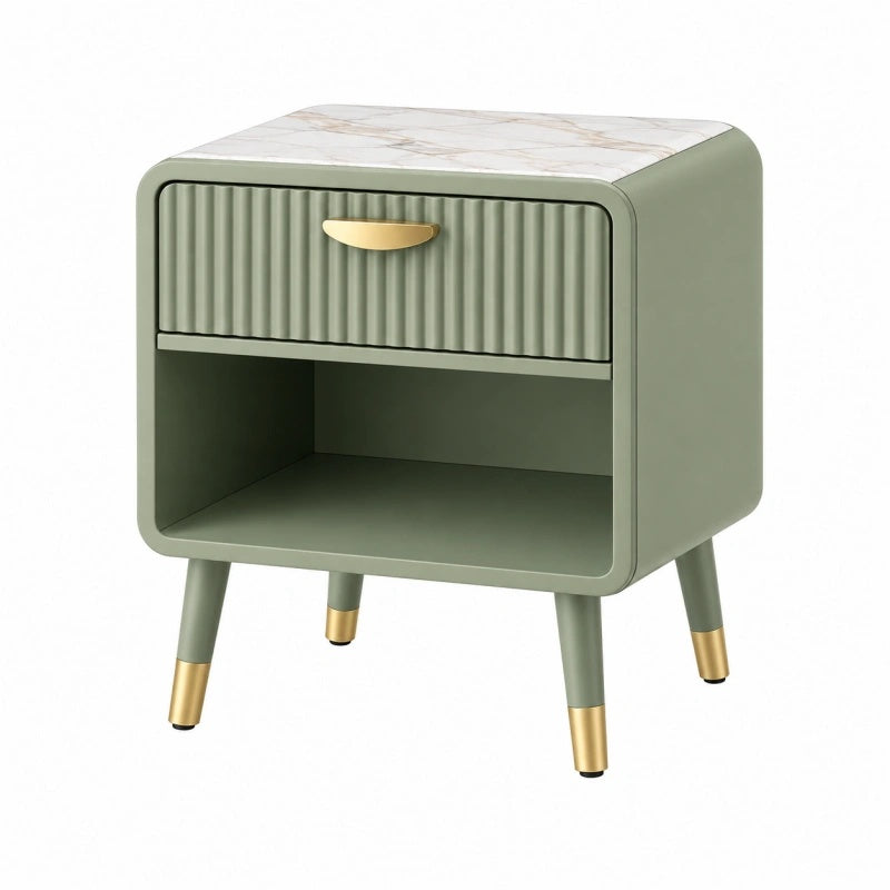 Comodino 55 x 40 x 60 cm verde salvia in legno con piano effetto marmo e cassetto moderno
