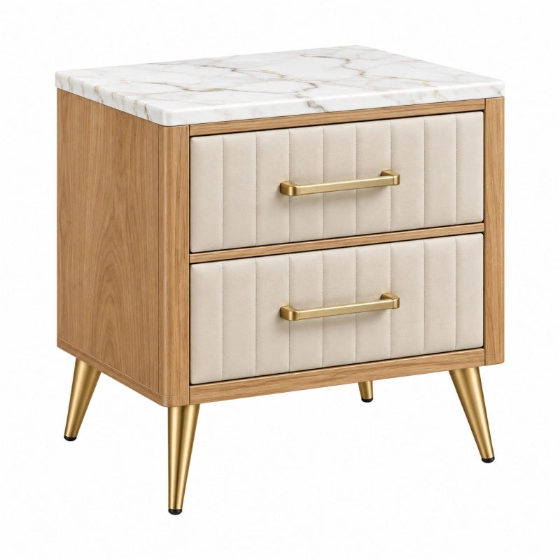 Comodino 60 x 45 x 65 cm in legno marrone con piano effetto marmo e 2 cassetti imbottiti