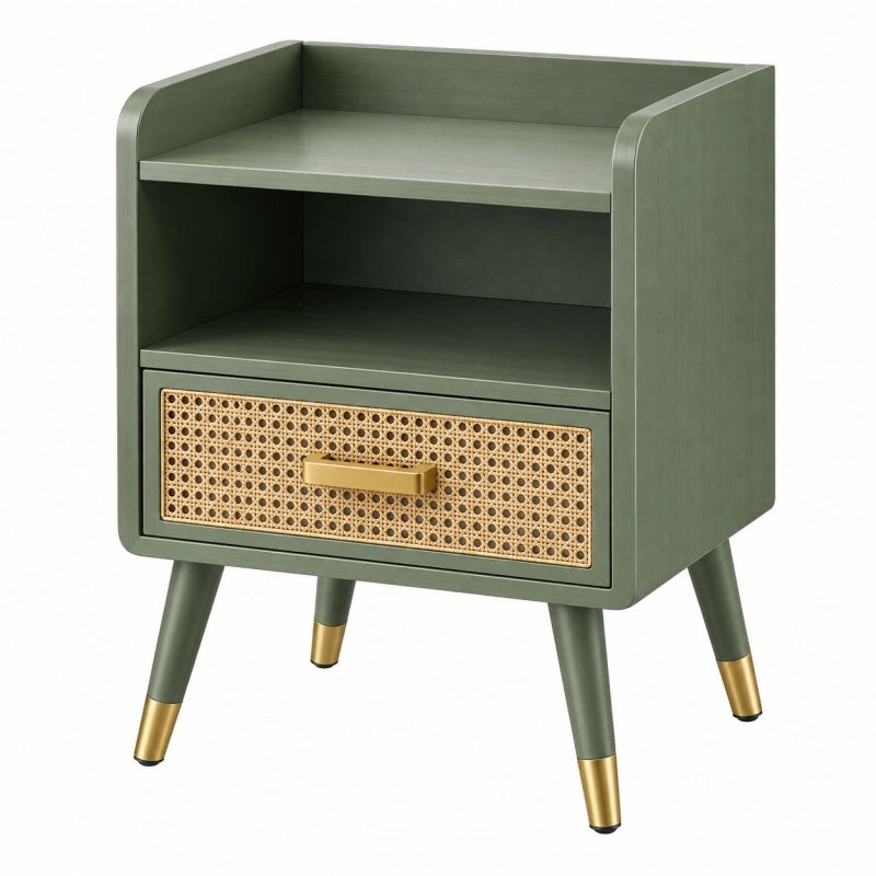 Comodino 50 x 40 x 70 cm in legno verde con cassetto in rattan - stile retrò
