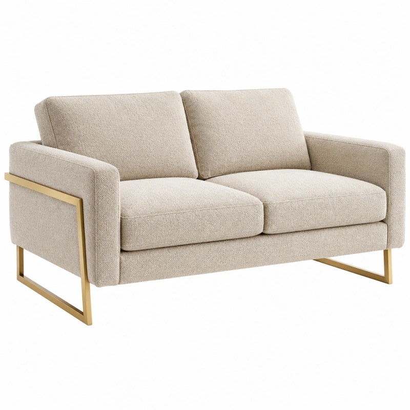Divano 2 posti 160 x 90 x 85 cm in tessuto beige con struttura metallica dorata stile moderno