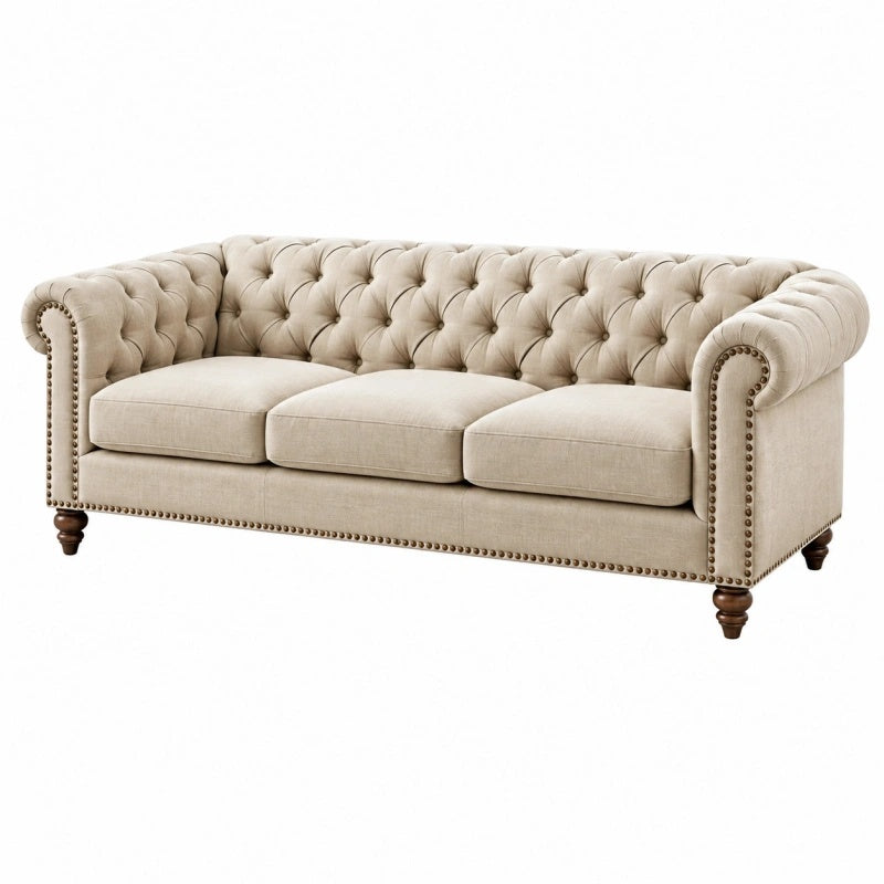 Divano 3 posti 225 x 95 x 78 cm in tessuto beige - stile Chesterfield con bottoni
