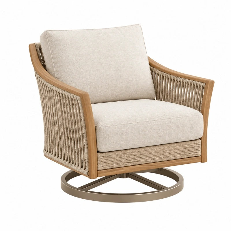 Poltrona girevole 78 x 82 x 86 cm in legno e corda beige stile contemporaneo
