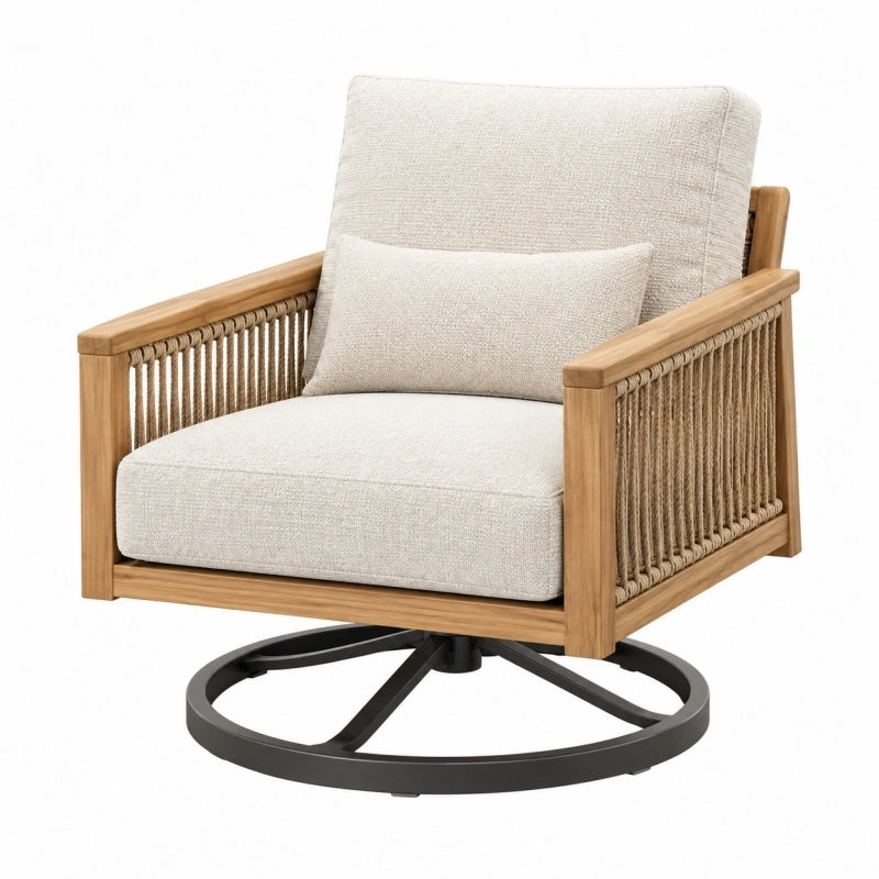 Poltrona girevole da giardino 85 x 85 x 85 cm in legno e corda beige naturale - seduta imbottita