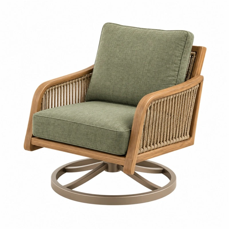 Poltrona girevole 82 x 78 x 88 cm in legno tessuto verde e corda stile naturale