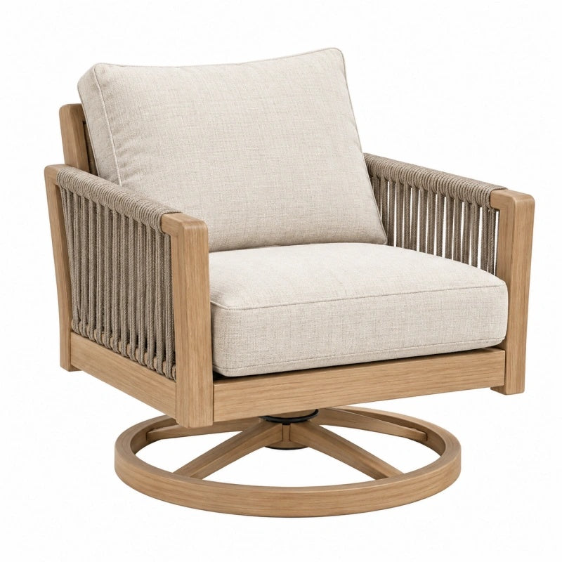 Poltrona girevole da esterno 82 x 84 x 88 cm in legno naturale e corda beige