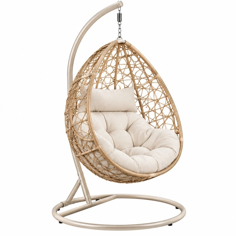 Poltrona sospesa 105x105x195 cm in fibra intrecciata beige con struttura in metallo per relax