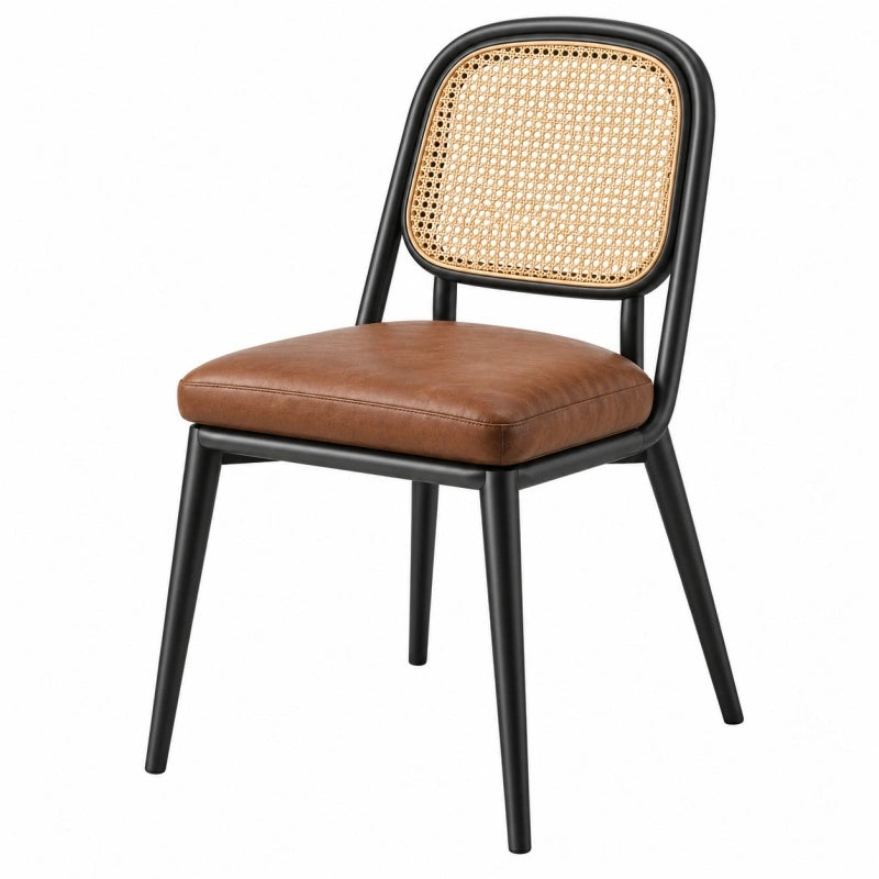 Sedia da pranzo 48 x 56 x 82 cm in metallo nero con schienale in canna intrecciata e seduta marrone stile retrò