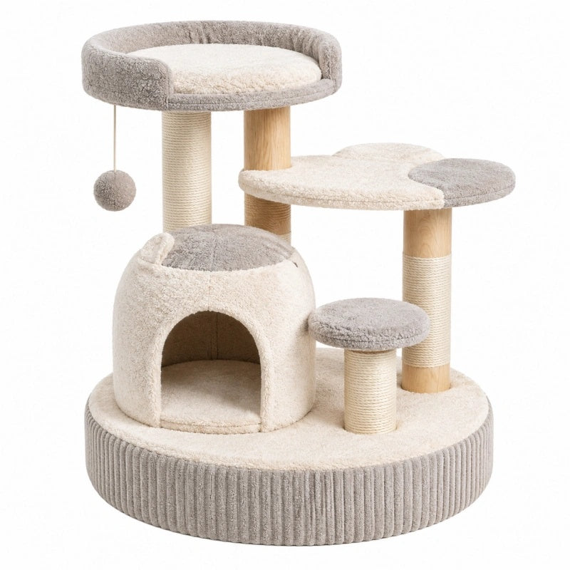 Albero tiragraffi per gatti 60 x 60 x 120 cm in legno beige e grigio con cuccia piattaforme e colonne in sisal
