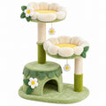 Tiragraffi per gatti 60 x 50 x 85 cm in peluche verde e bianco con colonne in sisal e cuccia a due livelli