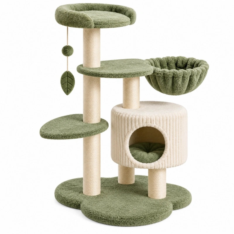 Tiragraffi per gatti 60 x 60 x 145 cm in peluche verde e beige con cuccia e piattaforme