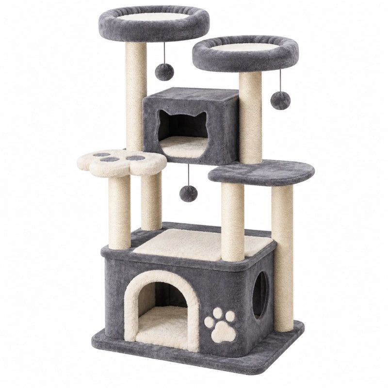 Tiragraffi per gatti 60 x 50 x 145 cm grigio e beige in peluche e sisal con cucce e piattaforme