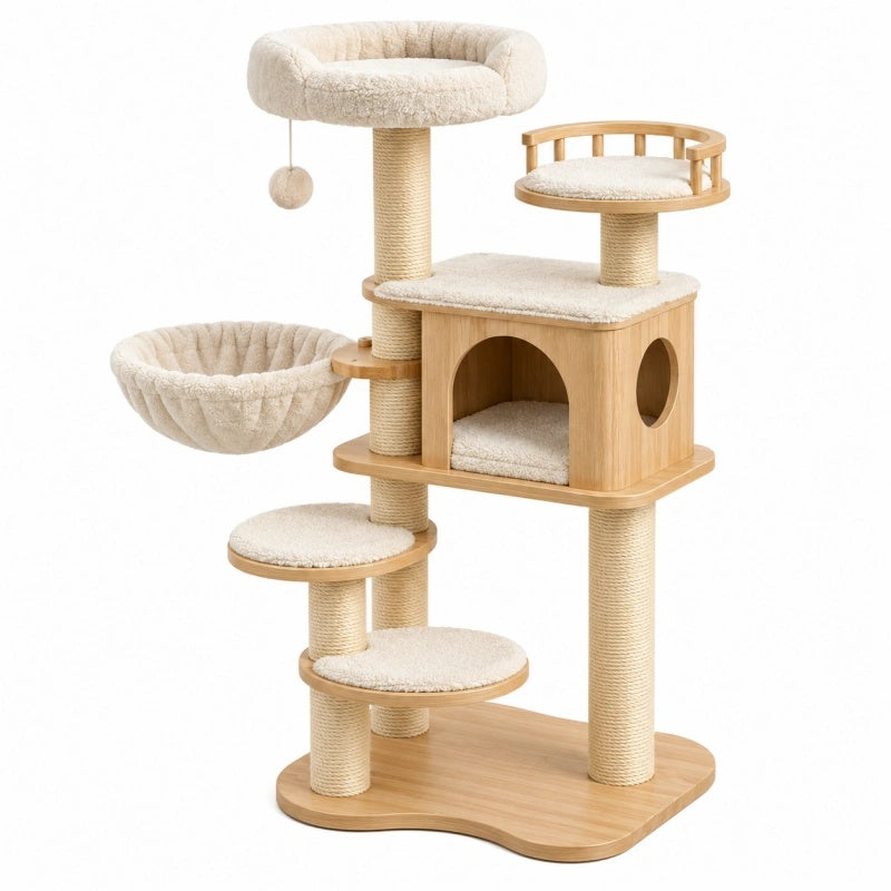 Albero tiragraffi per gatti 60 x 50 x 145 cm in legno beige con cuccia piattaforme e tiragraffi in sisal