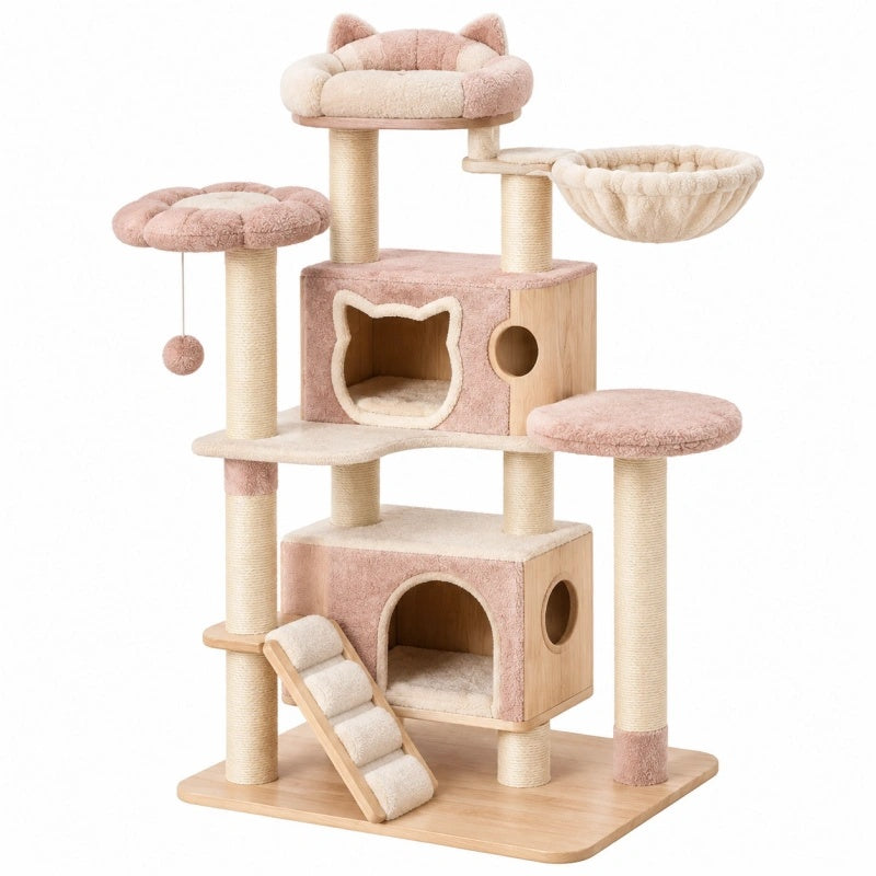 Albero tiragraffi per gatti 90 x 60 x 145 cm in legno rosa e beige con tiragraffi e cuccette