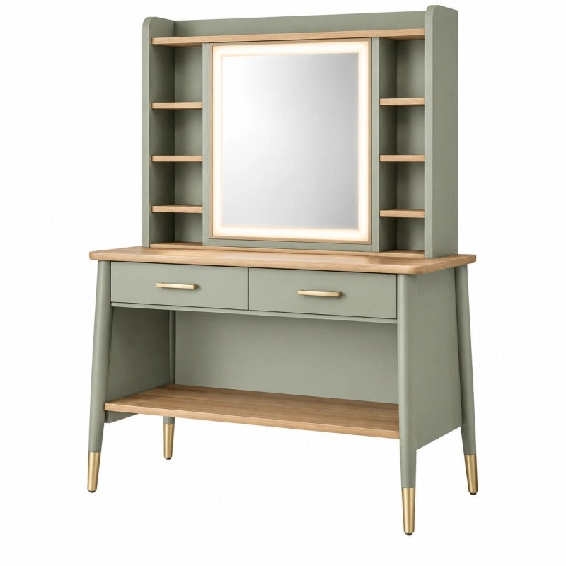 Toeletta 100 x 45 x 160 cm in legno verde salvia con specchio e ripiani