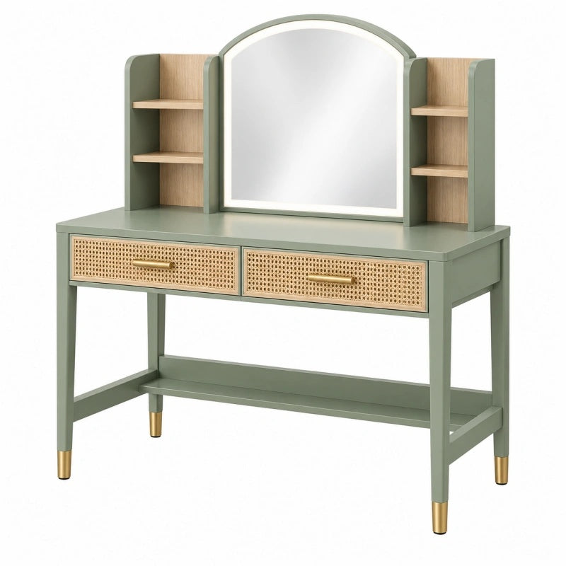 Toeletta con specchio 100 x 45 x 145 cm verde in legno con ripiani e cassetti stile retrò