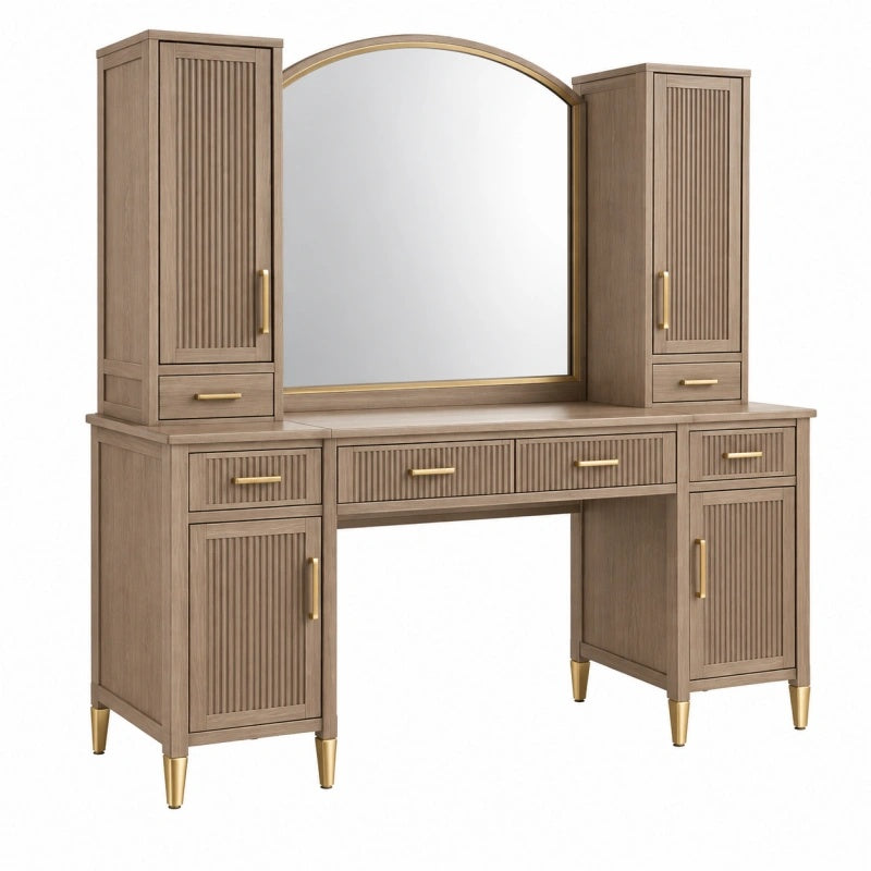 Toeletta con Specchio 150 x 45 x 180 cm in Legno Marrone Tortora con Contenitori Stile Classico