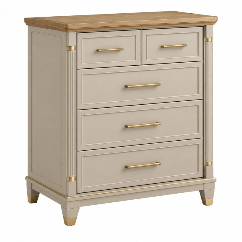 Cassettiera 90 x 45 x 105 cm in legno beige con piano marrone - stile classico con 5 cassetti