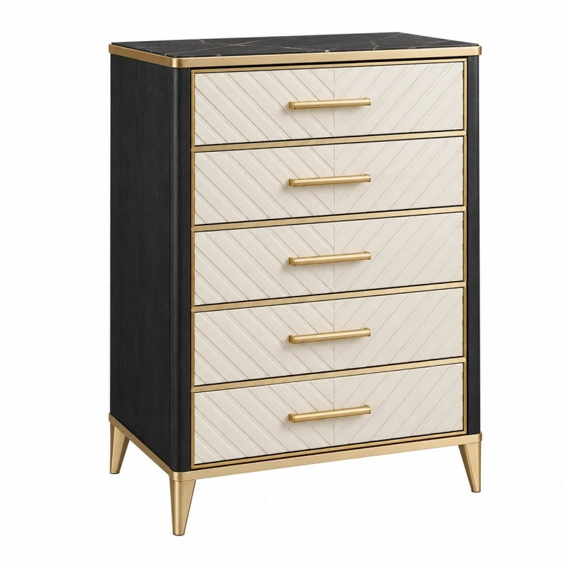 Cassettiera 80x40x110 cm in legno nero e bianco con piano effetto marmo - 5 cassetti stile moderno